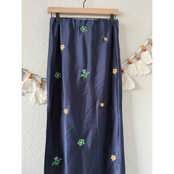 Emory Park Satin Silky Slip Midi Skirt Embroidered Ditsy Floral Navy Pull On M - Picture 6 of 8